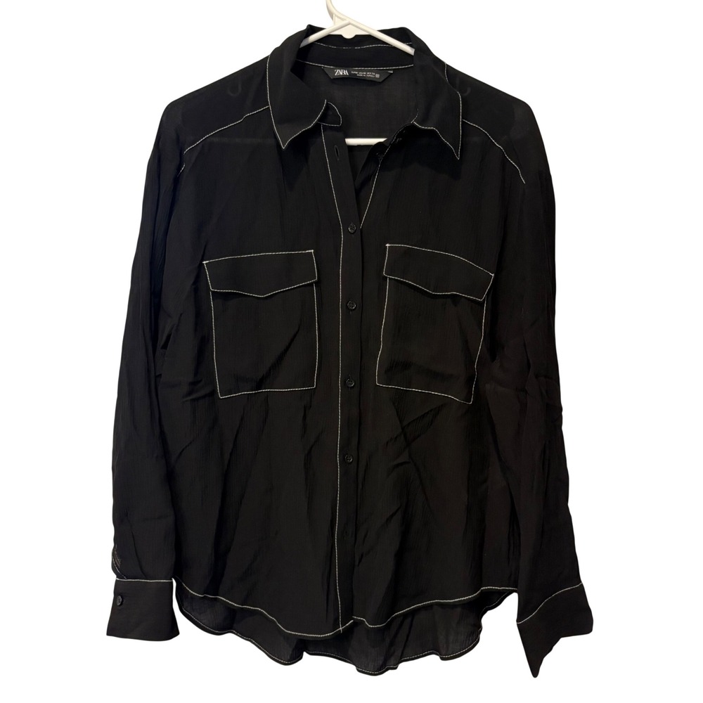 Zara Button Down Shirt Womens M Black Contrast Stitch Utility Flap Pockets